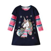 Vestido De Natal Para Meninas Com Estampa De Unicórnio E Floco De Neve, Manga Longa, Decote Redondo,