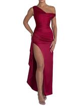 Vestido de noite Alphirkut Satin Off Shoulder vermelho vinho para mulheres Vestido de noite Alphirkut Satin Off Shoulder vermelho vinho para mulheres