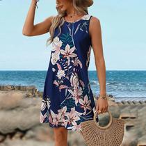 Vestido De Praia Boho Sem Mangas Floral Azul Para Mulheres Casual Ajuste Slim Decote Redondo Estilo