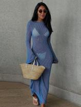 Vestido De Praia Feminino De Tricô Sem Costas Com Manga Longa Transparente Para Férias E Proteção