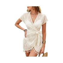 Vestido De Praia Longo Com Decote Em V E Renda Branca Para Mulheres, Túnica Sexy Para Biquíni