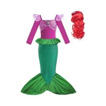 Vestido de Princesa Ariel - Pequena Sereia - Manga Curta em Tule para Festa Infantil