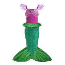 Vestido de Princesa Ariel - Pequena Sereia - Manga Curta em Tule para Festa Infantil
