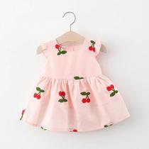 Vestido de Princesa Bordado de Cereja para Bebês - Verão, Manga Voadora, Gola Redonda