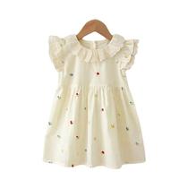 Vestido De Princesa Estampado Bordado Para Meninas, Roupa De Verão Com Mangas Voadoras E Gola Com Vestido De Princesa Estampado Bordado Para Meninas, Roupa De Verão Com Mangas Voadoras E Gola Com