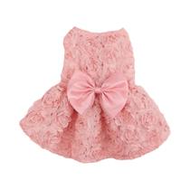Vestido De Princesa Para Cachorros Com Flores Bordadas Em Rosa E Laço, Vestido De Primavera E Verão