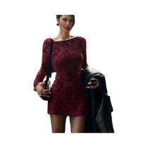 Vestido De Pulôver De Malha De Manga Longa Com Decote Redondo Vermelho Vinho Para Mulheres Moda De