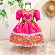 Vestido de Quadrilha Duas Camadas com Rendinhas Cor Rosa Liso com Floral Rosa Bebe