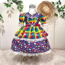 Vestido de Quadrilha Duas Camadas com Rendinhas Flores Azul com Xadrez