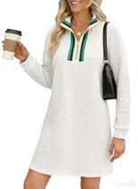 Vestido de suéter BLENCOT casual com meio zíper e decote em V branco para mulheres Vestido de suéter BLENCOT casual com meio zíper e decote em V branco para mulheres