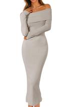 Vestido de suéter feminino MEROKEETY, de inverno, sem ombros, cinza Vestido de suéter feminino MEROKEETY, de inverno, sem ombros, cinza