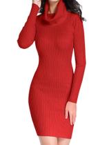 Vestido de suéter v28 de malha canelada com gola alta para mulheres vermelho grande