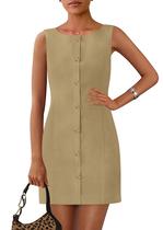 Vestido de trabalho PRETTYGARDEN 2025 Spring sem mangas com botão cáqui