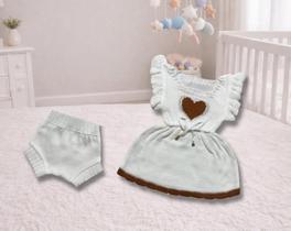 Vestido de tricot bebe menina 2pçs com babado tapa fralda luxo e confortável saída maternidade batizado festa infantil