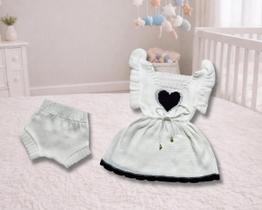 Vestido de tricot bebe menina 2pçs com babado tapa fralda luxo e confortável saída maternidade batizado festa infantil