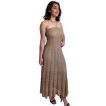 Vestido De Tricot Feminino Midi Amarração Pescoço Elegante