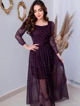 Vestido de Tule Longo Soltinho Estampado Festa com Faixa e Manga Vestido de Tule Longo Soltinho Estampado Festa com Faixa e Manga