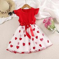 Vestido de Tule para Meninas (4 a 7 anos) - Estampa de Coração Vermelho, Manga Asa e Patchwork