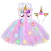 Vestido de unicórnio com iluminação LED com lantejoulas para meninas de 7 a 8 anos
