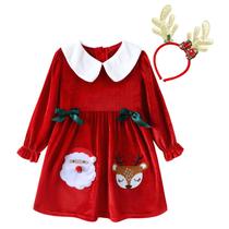 Vestido de veludo de Natal HILEELANG Little Girl, outono, inverno, manga comprida, vermelho, gola Peter Pan, aplique de alce, vestido giratório, vestido de festa, tamanho 6 Vestido de veludo de Natal HILEELANG Little Girl, outono, inverno, manga comprida, vermelho, gola Peter Pan, aplique de alce, vestido giratório, vestido de festa, tamanho 6