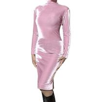 Vestido de Veludo Roupas Moda Evangélica Midi Tubinho Social Manga Longa Rosa