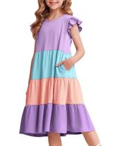 Vestido de verão Arshiner Girls, manga com babados, algodão, roxo, 12-13Y