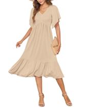 Vestido de verão AUSELILY feminino com decote em V, manga curta, damasco médio