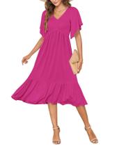Vestido de verão AUSELILY feminino com decote em V, manga curta, rosa vermelha