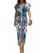 Vestido de verão CHICME com estampa floral com decote em V, fenda franzida, azul S