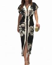 Vestido de verão CHICME com estampa floral com decote em V, fenda franzida, preto-L