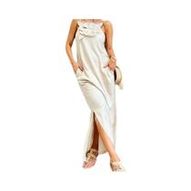 Vestido De Verão Elegante Com Flores 3D, Sem Mangas, Cintura Alta E Fenda, Estilo Férias, Em Algodão