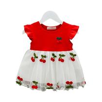 Vestido De Verão Em a Com Estampa De Cereja Para Meninas, Decote Redondo, Tecido Trançado, Vestido