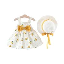 Vestido De Verão Em Algodão Para Meninas Com Laço E Estampa De Cereja, Casual E Bonito Para Praia - Zoseyies