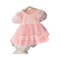 Vestido De Verão Em Malha Para Bebê Menina, Cor Sólida, Manga Bufante, Vestido De Princesa Para