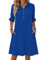 Vestido de verão FEKOAFE com decote em V, babado, manga curta, botão, feminino Vestido de verão FEKOAFE com decote em V, babado, manga curta, botão, feminino
