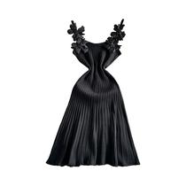 Vestido De Verão Feminino Sem Mangas Em Tricô Com Decoração De Flores 3D Cor Sólida Slim A-line