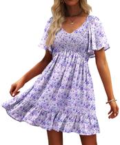 Vestido de Verão Floral Roxo UEAL com Decote em V Vestido de Verão Floral Roxo UEAL com Decote em V