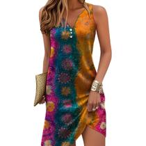 Vestido de verão HOTYD Boho Button Floral sem mangas com decote em V feminino Vestido de verão HOTYD Boho Button Floral sem mangas com decote em V feminino