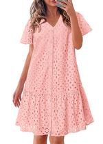 Vestido de verão KIRUNDO 2025 com botões, decote em V, renda, rosa, algodão Vestido de verão KIRUNDO 2025 com botões, decote em V, renda, rosa, algodão