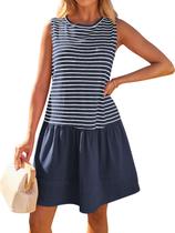 Vestido de verão MEROKEETY Summer Mini listrado sem mangas com bolsos