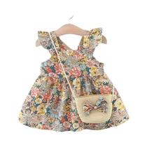 Vestido De Verão Para Meninas Com Alças, Estampa De Flores E Bolsa Transversal, Modelo A-line, 0-3