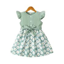 Vestido De Verão Para Meninas Com Estampa Floral, Detalhe De Botão, Gola Redonda, Manga Curta, Vestido De Verão Para Meninas Com Estampa Floral, Detalhe De Botão, Gola Redonda, Manga Curta,