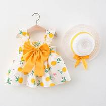 Vestido de Verão para Meninas com Manga Plissada, Laço Grande e Chapéu - Conjunto com Padronagem de Frutas