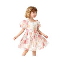 Vestido De Verão Para Meninas Com Mangas Bufantes E Estampa Floral Em Organza, Vestido Casual