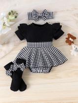 Vestido De Verão Para Meninas De 0 a 1 Ano Com Estampa Pied-de-Poule, 3 Peças, Estilo Doce E