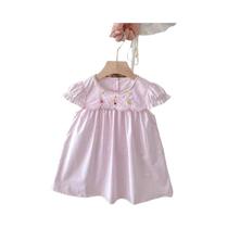 Vestido De Verão Para Meninas, Gola De Flor, Bordado Rosa, Borda Franzida, Roupa Infantil Casual
