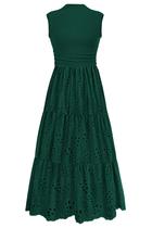 Vestido de verão PRETTYGARDEN 2025 Eyelet Regata Maxi Verde Escuro