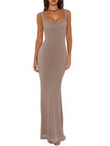 Vestido de verão REORIA, gola alta, malha, sem mangas, maxi cáqui