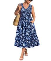 Vestido de verão RITERA Plus Size com decote em V azul floral para mulheres