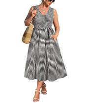 Vestido de verão RITERA Plus Size com decote em V preto guingão para mulheres